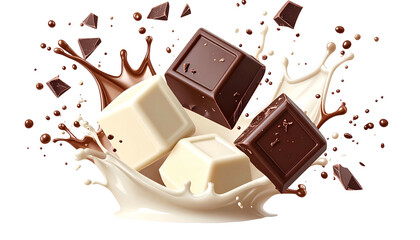 Cubes of white and dark chocolate burst from a splash of milky liquid against a black background