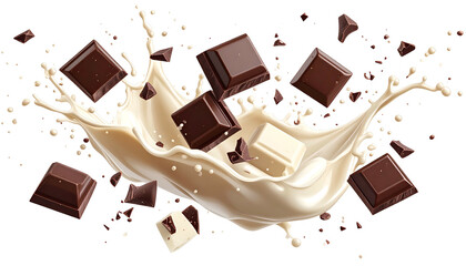 Cubed chocolates erupt from a creamy white splash, set against a dark background