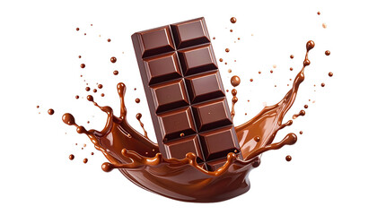 A rich brown chocolate bar levitates amidst a splashing wave of melted chocolate against black