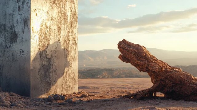 Alien structure stands tall on a flat dry plain, bathed in the golden light of sunset, creating a dystopian landform with rough textured surfaces and a long shadow