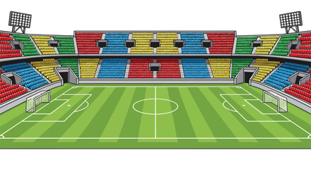 Colorful stadium illustration with a soccer field and tiered seating © Tm Studio