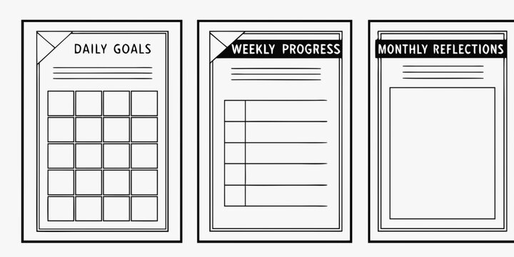 Three blank charts for tracking daily goals, weekly progress, and monthly reflections Vector