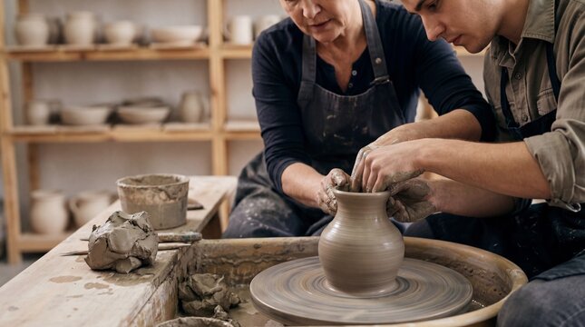Pottery Masterclass with Instructor Guiding at Wheel