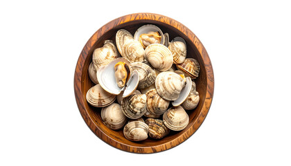 Overhead view of a wooden bowl filled with freshly harvested clams, some open