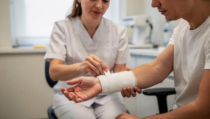 Obraz premium Nurse Applying Arm Bandage To Male Patient In Clinic, Focused Wound Care, Seated Patient, Sterile Gauze, Professional Touch, Calm Clinical Atmosphere, Medical Supplies Visible In Background.
