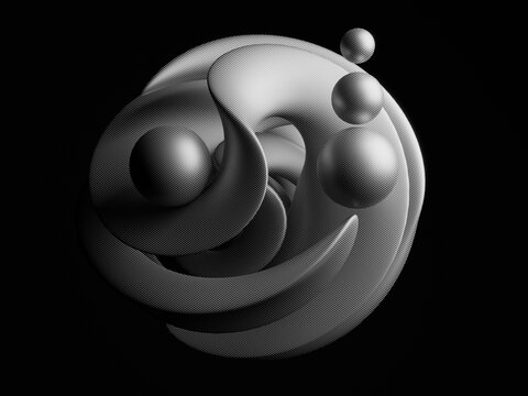 Monochrome 3D abstract composition with spheres and circular forms in dramatic contrast.