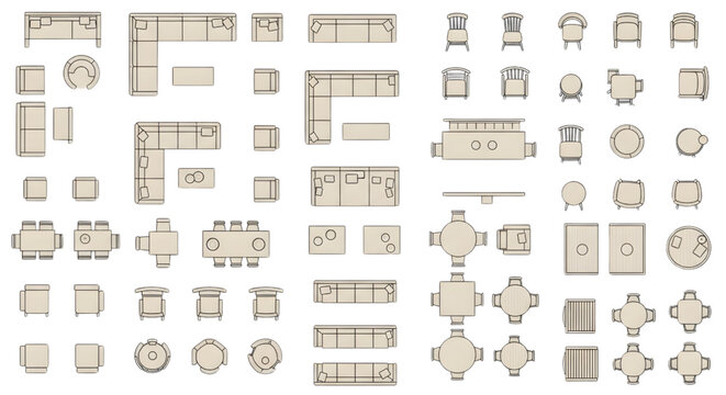 Furniture Top View Vector Collection &ndash; Sofa Layouts, Wooden Chairs, and Dining Tables for Interior Plans