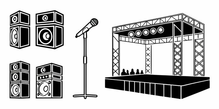 A stage with speakers and a microphone on a stand in front of an audience Vector