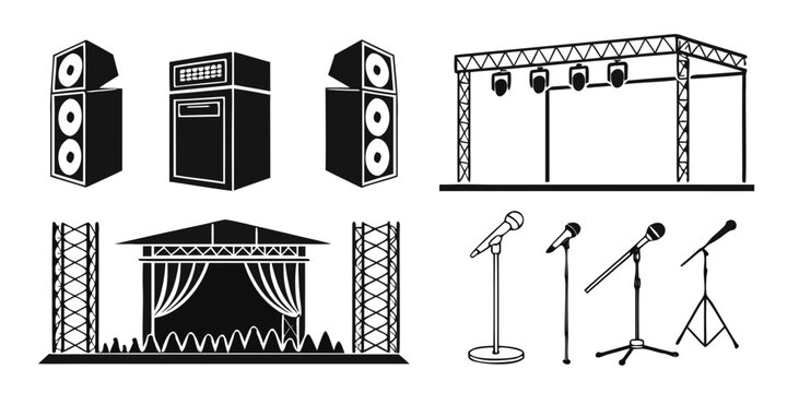Stage setup with speakers, lighting, and microphones for a live event Vector