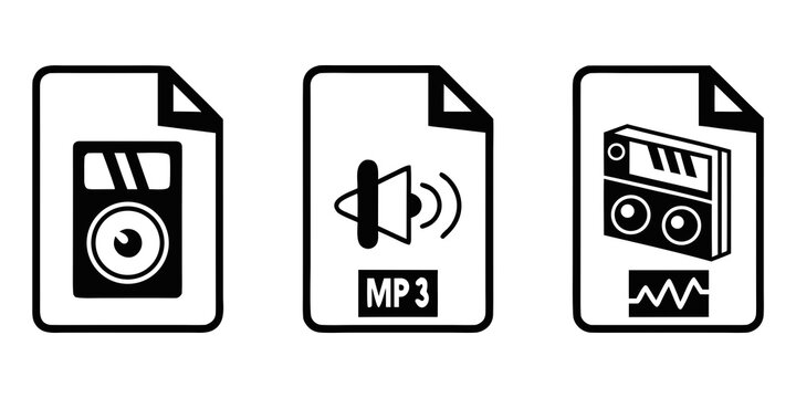 Three distinct icons representing different types of audio file formats. Vector