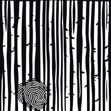 Black and white minimalist vector illustration of birch tree forest with fingerprint pattern integrated into tree bark design unique artistic concept