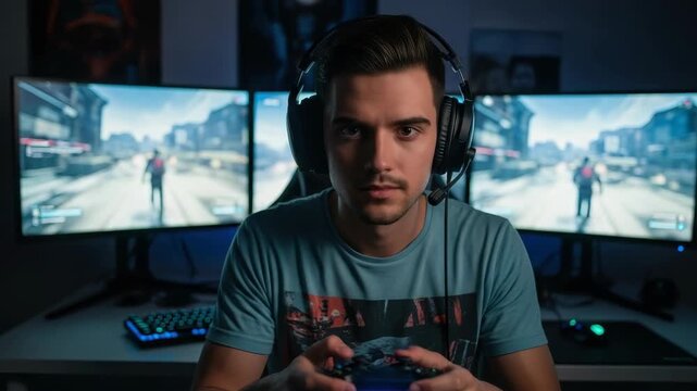 Young Man Plays Video Game At Home In Gaming Setup With Controller Headphones Monitors Showing Game Footage In The Background Great For Gaming Articles