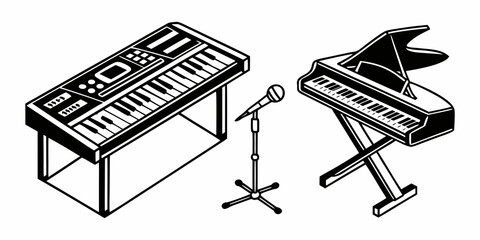 A vintage keyboard and a modern keyboard side by side on stands Vector © RABBYMIA