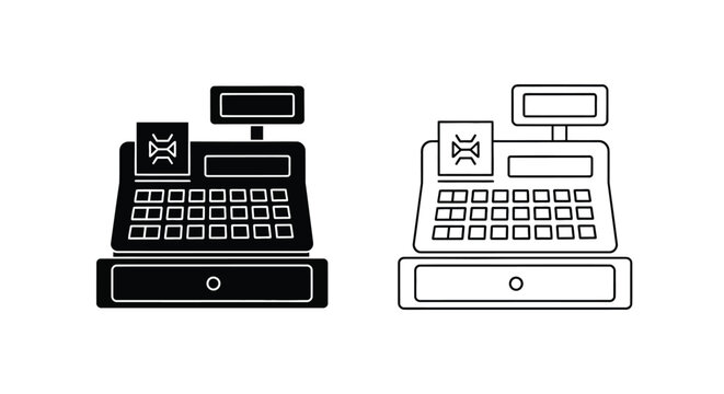 Two black and white illustrations of vintage cash registers