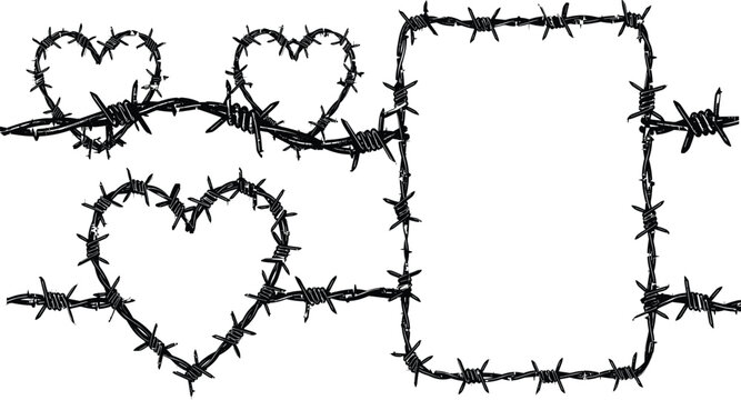Barbed wire, wire, heart Barbed wire heart shape and rectangular frame illustration set, grunge black vector