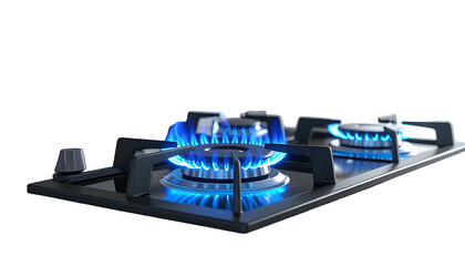 A modern, black stove top with three burners lit with vibrant blue flames