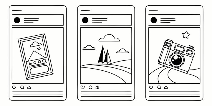 Three different screenshots of a mobile application displaying various features and functionalities. Vector