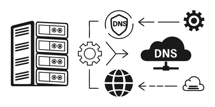 Illustration of a server connecting to a domain name system and the internet Vector