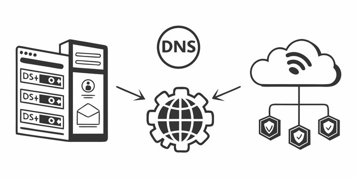 Illustration of a server connecting to a dns server and cloud storage Vector