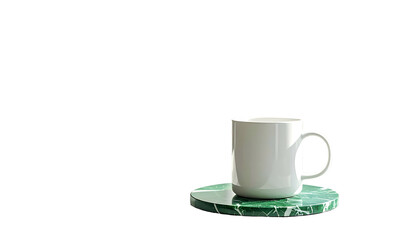 A white mug sits on a circular green coaster against a vast black background