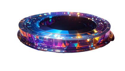 Futuristic, geometric ring with vibrant, multicolored crystals and a black void center