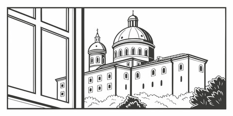 A picturesque view of a historic church with a dome and spire Vector © RABBYMIA