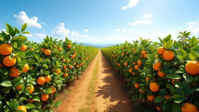 Rows of orange trees heavy with ripe fruit in a sunny orchard
