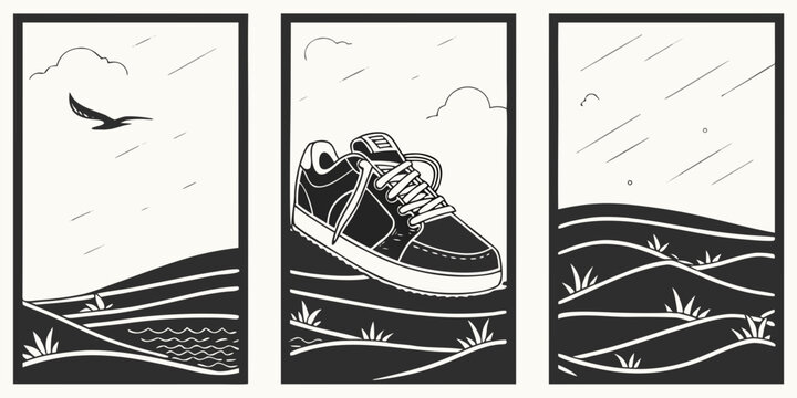 A series of three images depicting a bird flying over a calm sea and a swimmer in the water. Vector