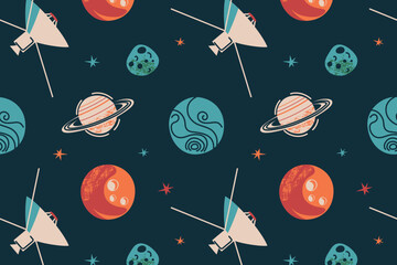 Seamless pattern with retro space theme. Planets, asteroids, probe in cartoon style. Flat vector illustration for cosmic design, vintage sci-fi projects, textile prints, wallpaper, children book © Elena