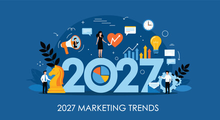 2027 Marketing Trends Concept with Business Strategy Growth Chart, Innovation Icons and Corporate Planning Elements Vector Illustration © Shahanaj