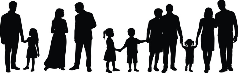 Set of black silhouettes of diverse families and couples with children walking and holding hands isolated on a white background.