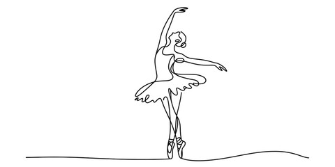 A minimalist continuous line drawing of a graceful ballerina dancing in a classic tutu. Vector, illustration © Bobita