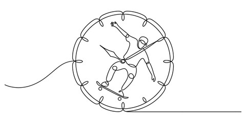 Minimalist continuous line art of a person skateboarding within a circular clock dial Vector, illustration © Bobita