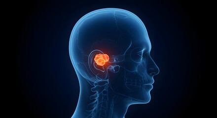 Obraz premium Human Brain Anatomy Illustration Highlighting Cerebellum Inside Transparent Head Profile