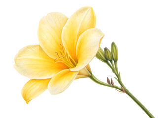 Fototapeta premium Yellow Alstroemeria Flower in Bloom with Green Stem and Buds in Soft Natural Lighting on White Background for Floral Design