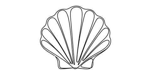 A simple black and white line drawing of a scallop shell isolated on a white background. Vector, illustration © Bobita