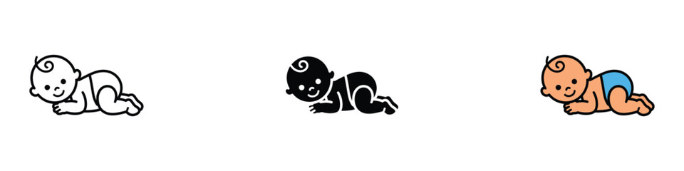 Obraz premium Cute crawling baby icon set. Happy infant in diaper for childcare and parenting design. Vector Illustration.
