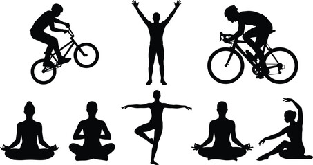 Naklejka premium Collection of silhouettes featuring cyclists bmx riders and people practicing yoga meditation and dance for fitness wellness and healthy lifestyle
