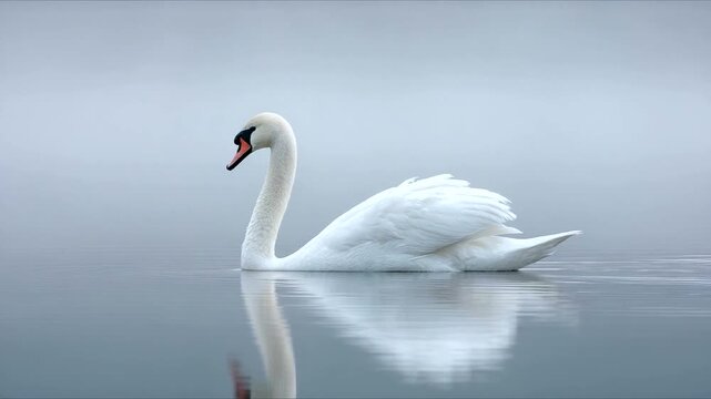 Elegant swan gliding across tranquil lake at dawn
