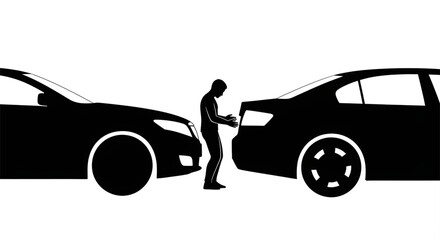 Obraz premium Silhouette of a man inspecting a car accident between two vehicles for insurance claim