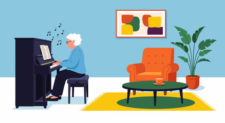 Vector illustration of serene elderly woman playing piano in cozy living room with musical notes © PDWN Creative