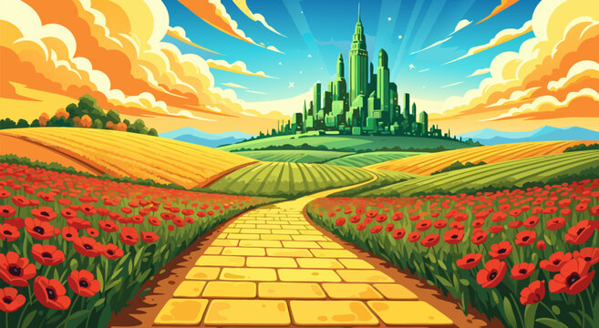 vector illustration of yellow brick road winding through poppy fields toward emerald castle