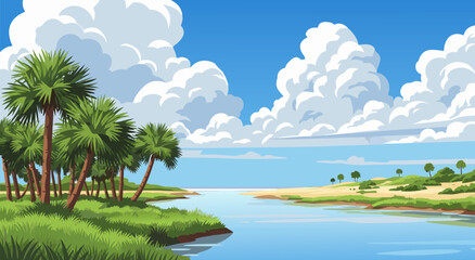 Tropical vector illustration of tranquil lagoon with lush palms and sandy shores © PDWN Creative