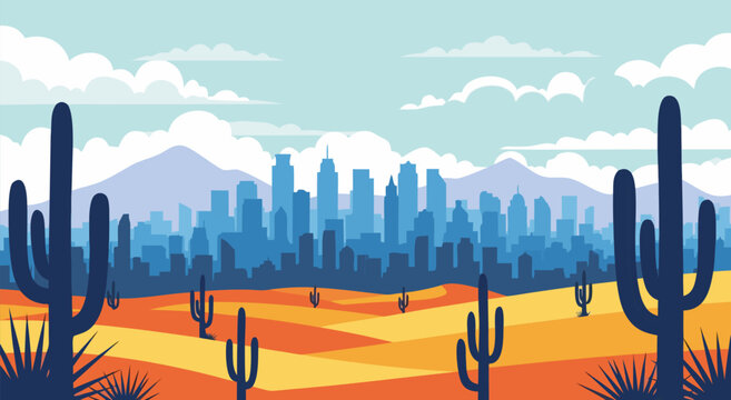 Vector illustration of orange desert with cacti and distant blue skyline mountains