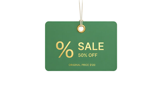 Green sale tag isolated on transparent background with gold text