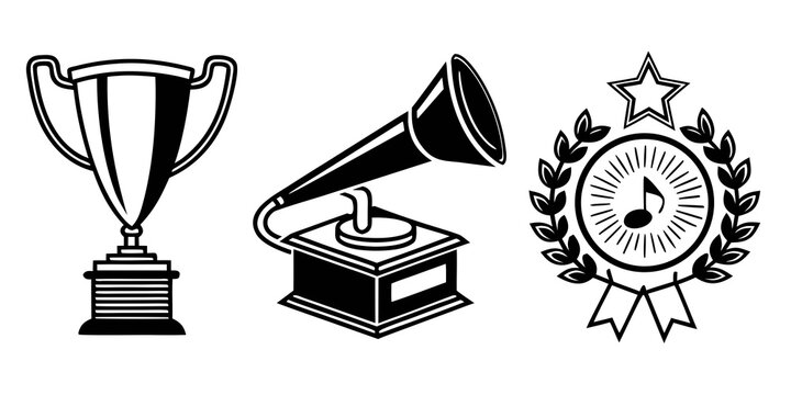 A collection of trophies, a gramophone, and a medal representing achievements and recognition. Vector