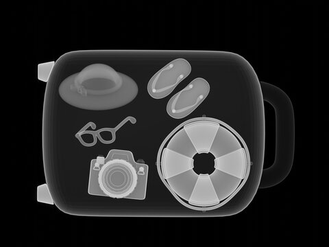 X ray style 3D render of travel items including hat, camera and lifebuoy inside luggage.