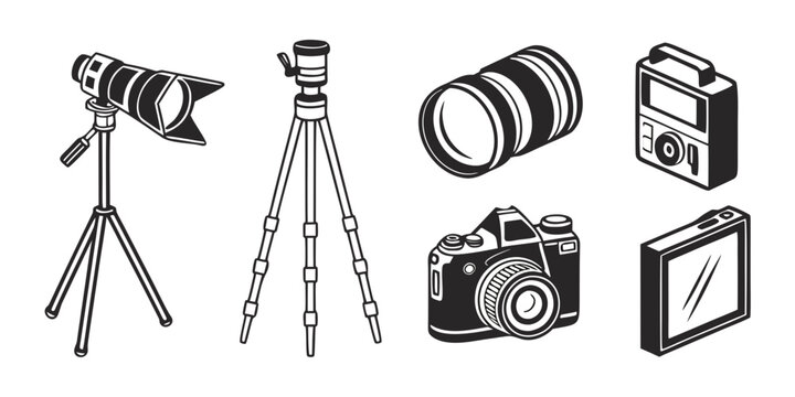 A collection of photography equipment including cameras, tripods, and lenses. Vector