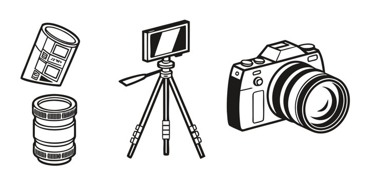 A collection of vintage cameras and a smartphone on a tripod Vector