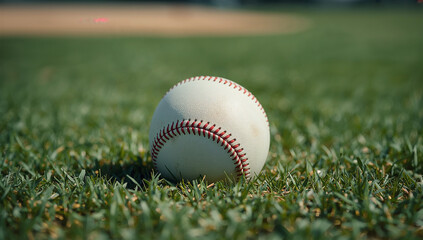 部活動の練習を想起させる夏の芝生に置かれた野球ボールの写真